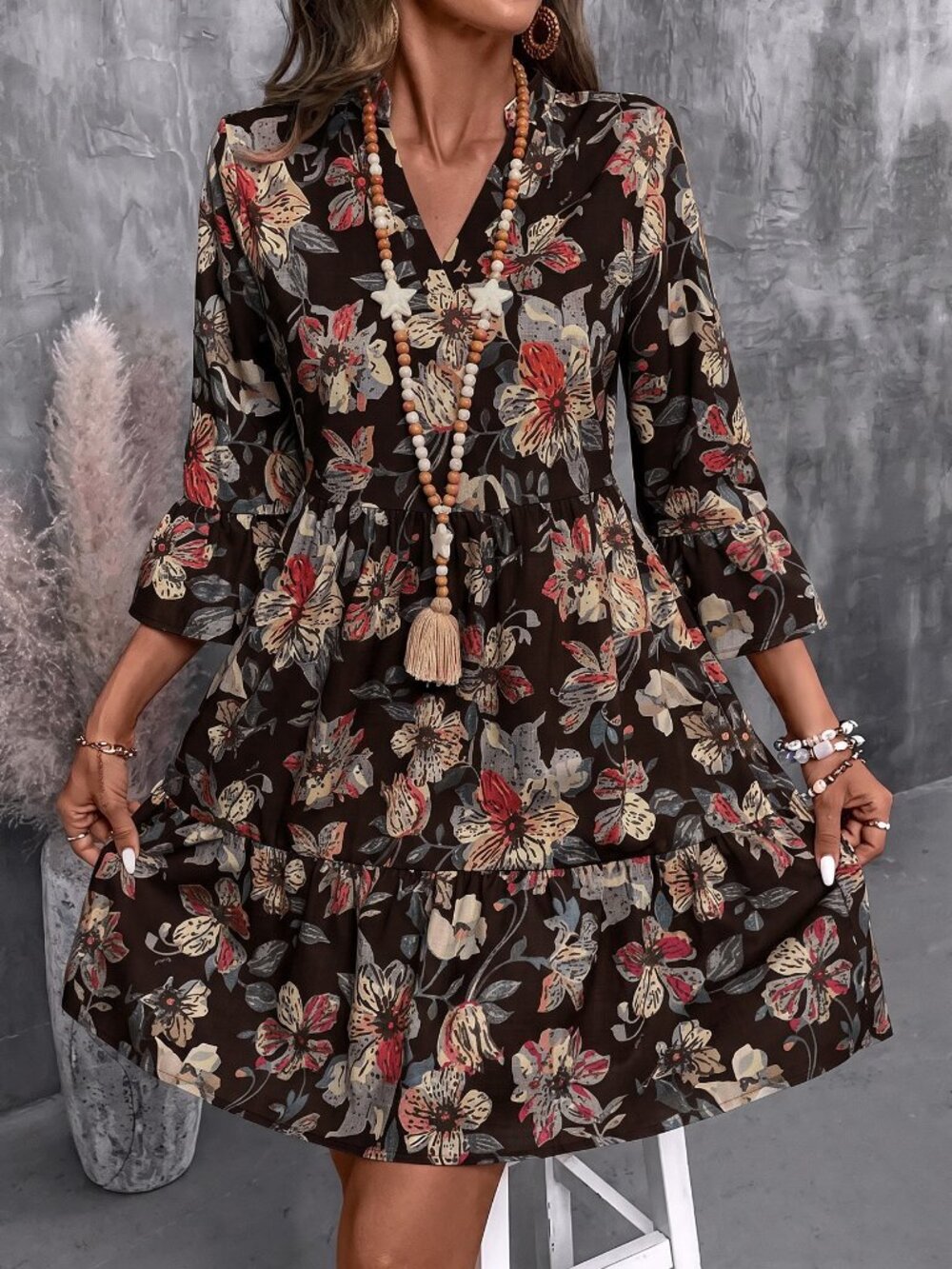 Brown Boho Women's Print Dress - Picture 3 of 7
